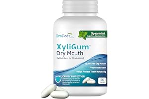 OraCoat XyliGum Dry Mouth Sugar Free Gum, 50 Piece Bottle, Spearmint Chewing Gum with Xylitol for Dry Mouth, Helps Stimulate Saliva, Breath Freshener, Supports Teeth & Gum Health