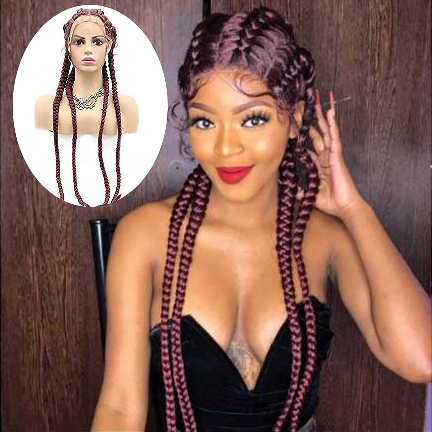 99J Red Braided Wigs for Black Women Long Straight Glueless Synthetic Lace Front Wigs Pre Plucked Hairline Knotless Box Braid Realistic Wig Heat Resistant Cosplay Drag Queen 30Inch