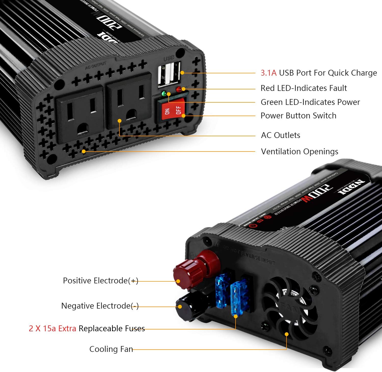 NDDI 200W Car Power Inverter 12V DC to 110V AC Converter with 3.1A Dual USB Quick Car Charger Adapter(Black): Car Electronics