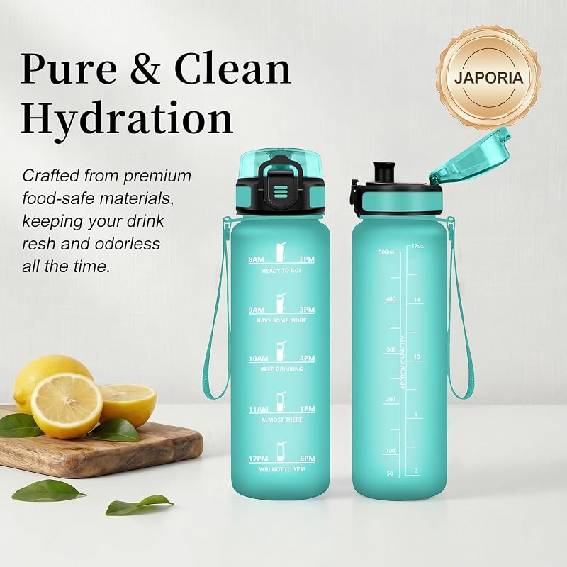 Botella Agua Deporte 500ml, Cantimplora con Filtro, Marcador de Tiempo, Reutilizable, a Prueba de Fugas, para Colegio, Bicicleta, Senderismo