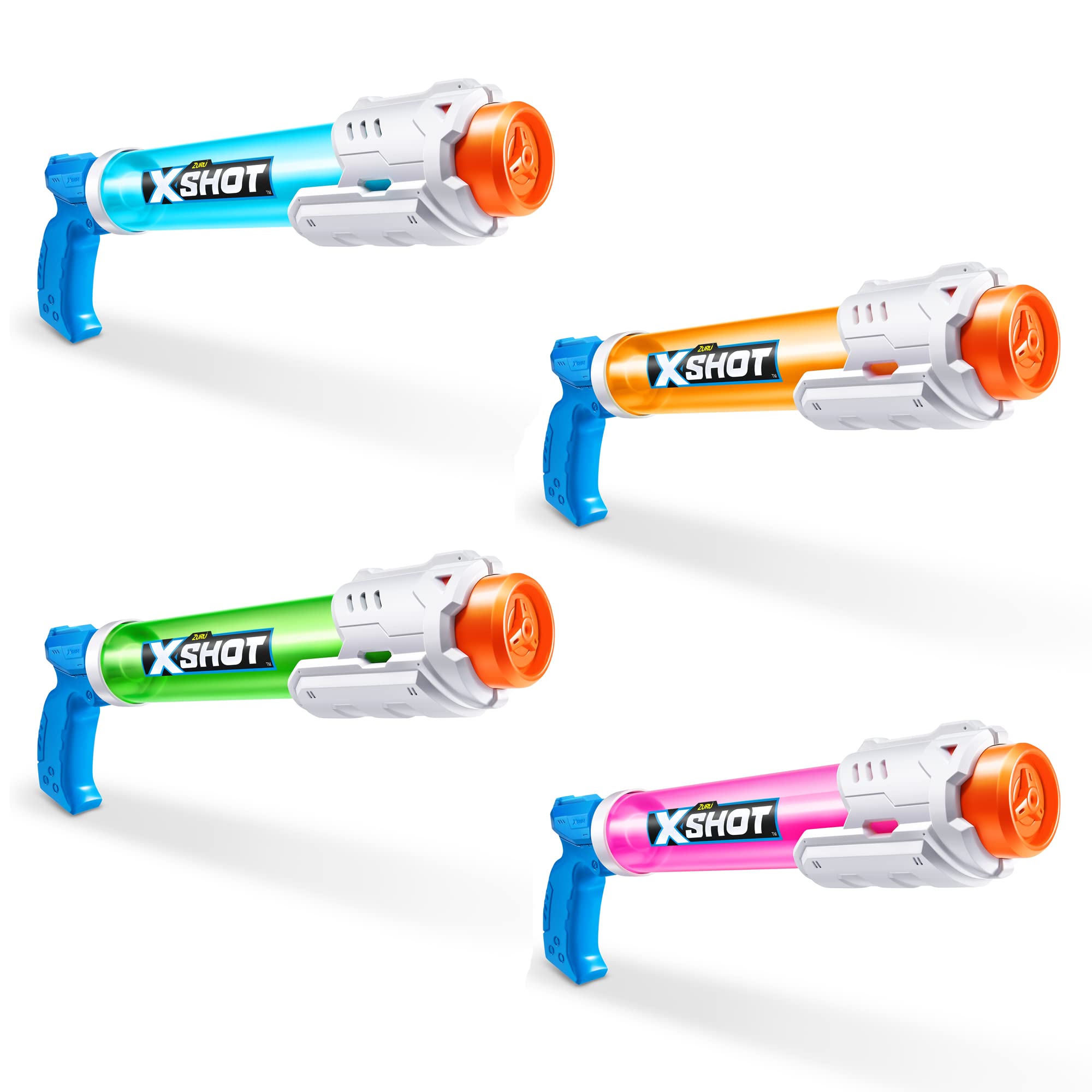 XSHOT Water Warfare Small Tube Soaker (4 Pack) by ZURU Super Soaking Pump Action, Pool Party Pack, Fills up to 380ml, Shoots up to 8 Meters, for Boys, Girls, Children