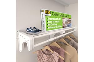 EZ SHELF - Closet Shelf with Hanging Rod - 29" to 49” Expandable, White, Closet Shelves - Strong, Holds 200 lbs - Easy Install - 1 Side Wall & Backwall with 1 End Bracket, Alternative to Wire Shelving