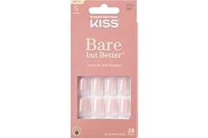 KISS Bare but Better Press On Nails, Glossy Pink, Short Length, Square Shape, 28 Fake Nails, Pink Gel Nail Glue Net Wt. 2g (0.07 Oz.), Mini Nail File, & Manicure Stick