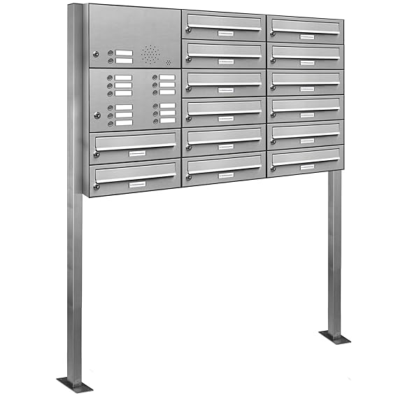 AL Briefkastensysteme 14er Edelstahl Standbriefkasten mit Klingel rostfrei als 14 Fach Briefkastenanlage in Postkasten Briefk