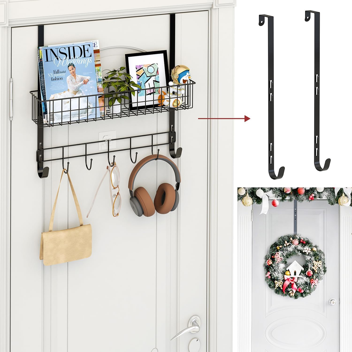 Wreath Hangers - Aimeaihe Over The Door Hooks Organizer, 2 Wreath Hangers with a Basket and a Coat Hook, Over The Door Storage for Bathroom, Bedroom, Kitchen, Black