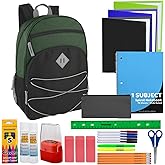 Trail maker Kids Backpacks with School Supplies for Boys, Girls | 20 Piece Back to School Supplies Set with 17" Bungee Backpack (Green & Black)