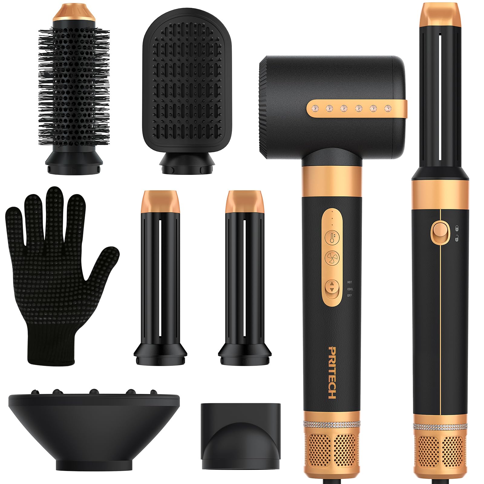 Photo 1 of Hair Dryer Brush, PRITECH Blow Dryer Brush Set with Diffuser, 7 in 1 Hair Styling Tools 110000 RPM High Speed Volumizer Drying, Curler Straightener