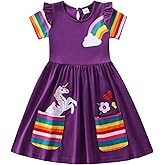 UnionKK Kids Girls Summer Casual Unicorn Dresses Cotton Short Sleeve Crew Neck Dress 2-7 Years