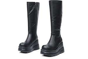 CELNEPHO Womens High Platform Mid Calf Wedges Chunky High Heel Round-Toe Side Zip Punk Combat Boots For Women