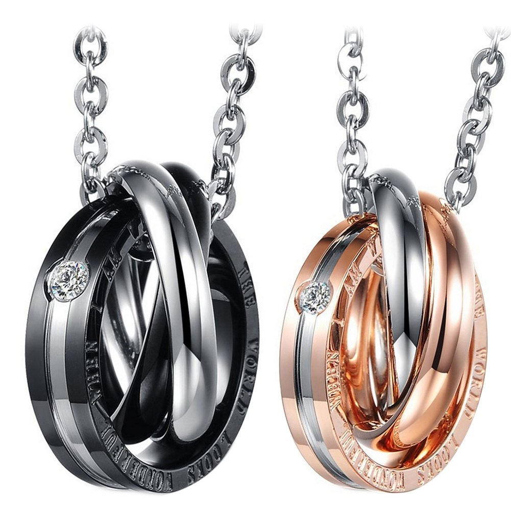 Cupimatch 2PCS Triple Rings Interlocking His& Her Matching Set Stainless Steel Couples Pendant Necklace, 18" & 20" Chain Included (Zircon Triple Rings) — image 1