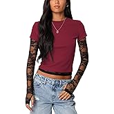 Going Out Tops for Women Sheer Lace Sleeve Shirts Cropped Basic Summer Tees Y2k Crewneck T-Shirts 2026 Trendy Top