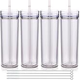 Volhoply 20oz Plastic Skinny Tumblers Bulk 4 Pack,Double Wall Tumbler with Lid and Straw,Reusable Travel Iced Coffee Mug,BPA Free Matte Acrylic Water Cups With Straw for Parties,DIY Gifts(Clear,4 Set)