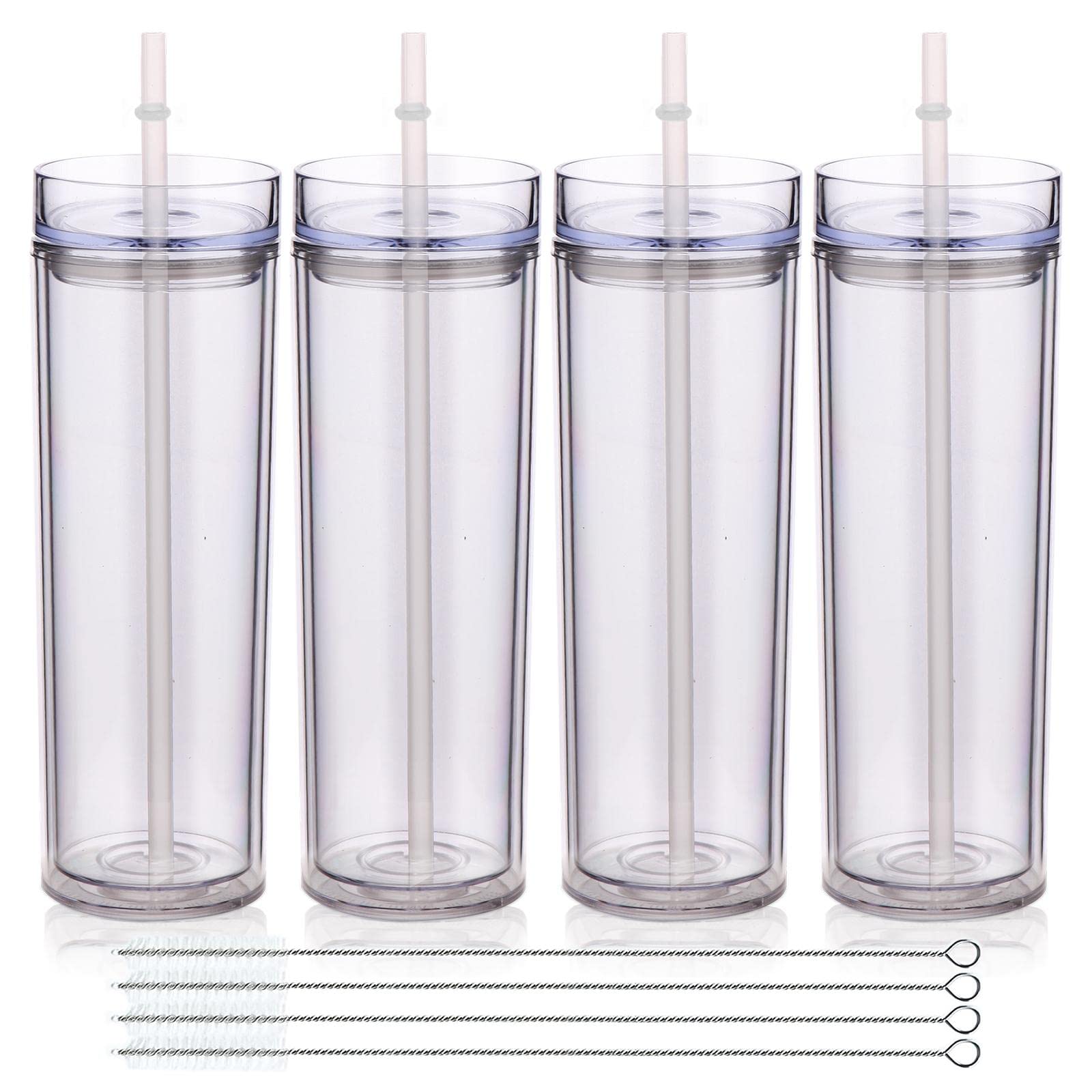 Volhoply 20oz Plastic Skinny Tumblers Bulk 4 Pack,Double Wall Tumbler with Lid and Straw,BPA Free Matte Acrylic Water Cups for Parties(Clear,4 Set)