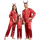 SWOMOG Family Matching Pajamas Set Silk Satin Button Down Sleepwear Long Sleeve Nightwear 2 Pcs Pj Set