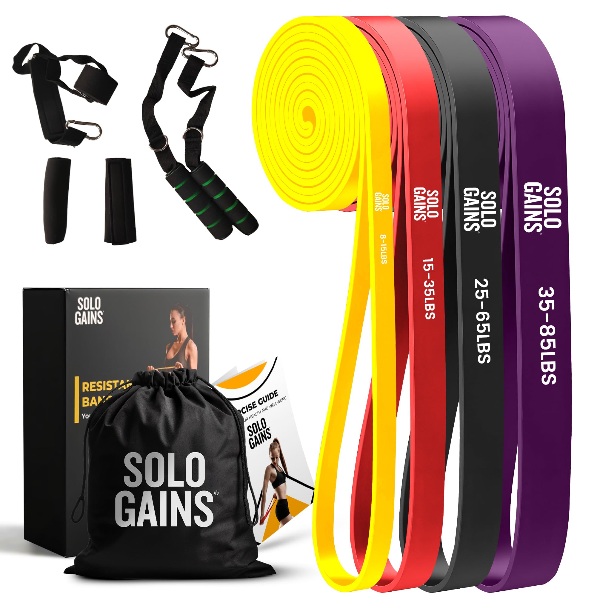 Solo Gains Resistance Bands Set – 4 Levels Stretch Bands for Exercise Include Door Anchors, Handles, Protective Covers – Elastic and Durable Physio Resistance Bands Elastic Bands Gym