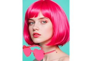 FSLLZCJY Pink Bob Wig with Heart Sunglasses - Heat-Resistant, Synthetic Fiber, Adjustable and Natural Looking