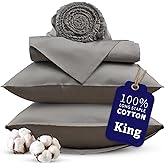 bluebobbin 4 Piece Sheet Set 100% Long-Staple Cotton King Sheet Set Luxurious Sateen, Soft Breathable and Durable All Season Hotel Luxury 16-Inch Deep Pockets with Envelope Pillowcases – Silver Grey