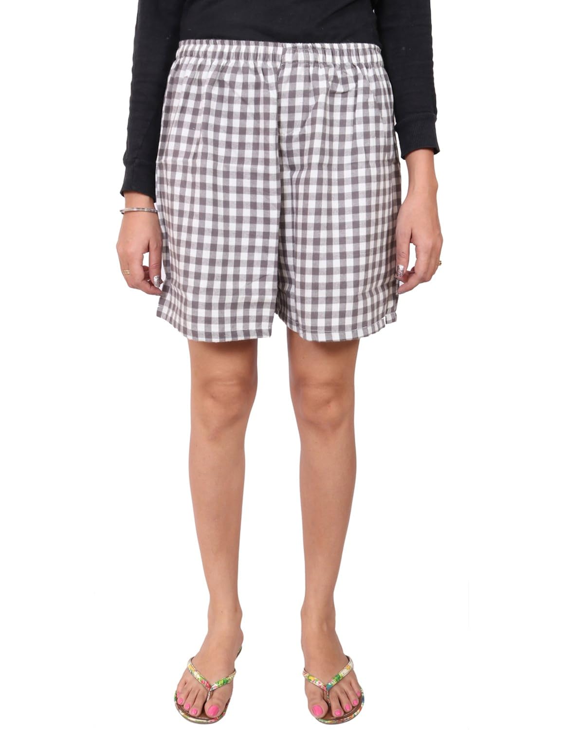 twist women's grey and white checked night wear shorts with contrast & free shipping