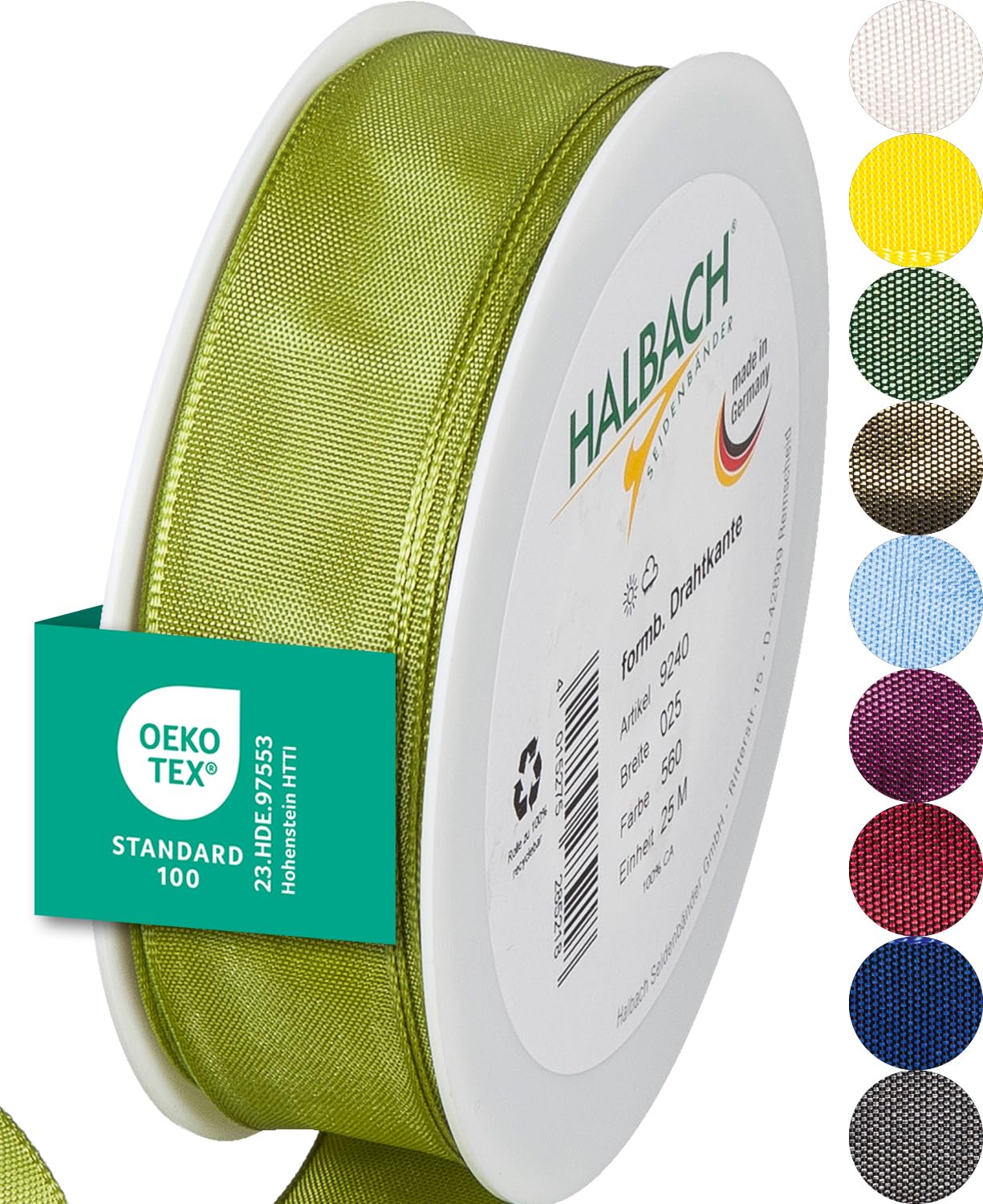 Halbach Seidenbänder Premium Gift Ribbon With Wired Edge - 25 mm Width, 25 m Length - Oeko-Tex 100 Certified Taffeta, Made in Germany - Green