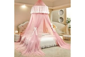 AIKASY Princess Bed Canopy for Girls – Double Layer Sheer Mesh Dome with Romantic Lace Trim, Dreamy Mosquito Net Tent for Twin/Full/Queen/King Beds(Coral)