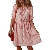 Dokotoo Summer Dresses for Women 2026 Tie Front V Neck Short Puff Sleeve Hollow Out Lace Wedding Guest Dress
