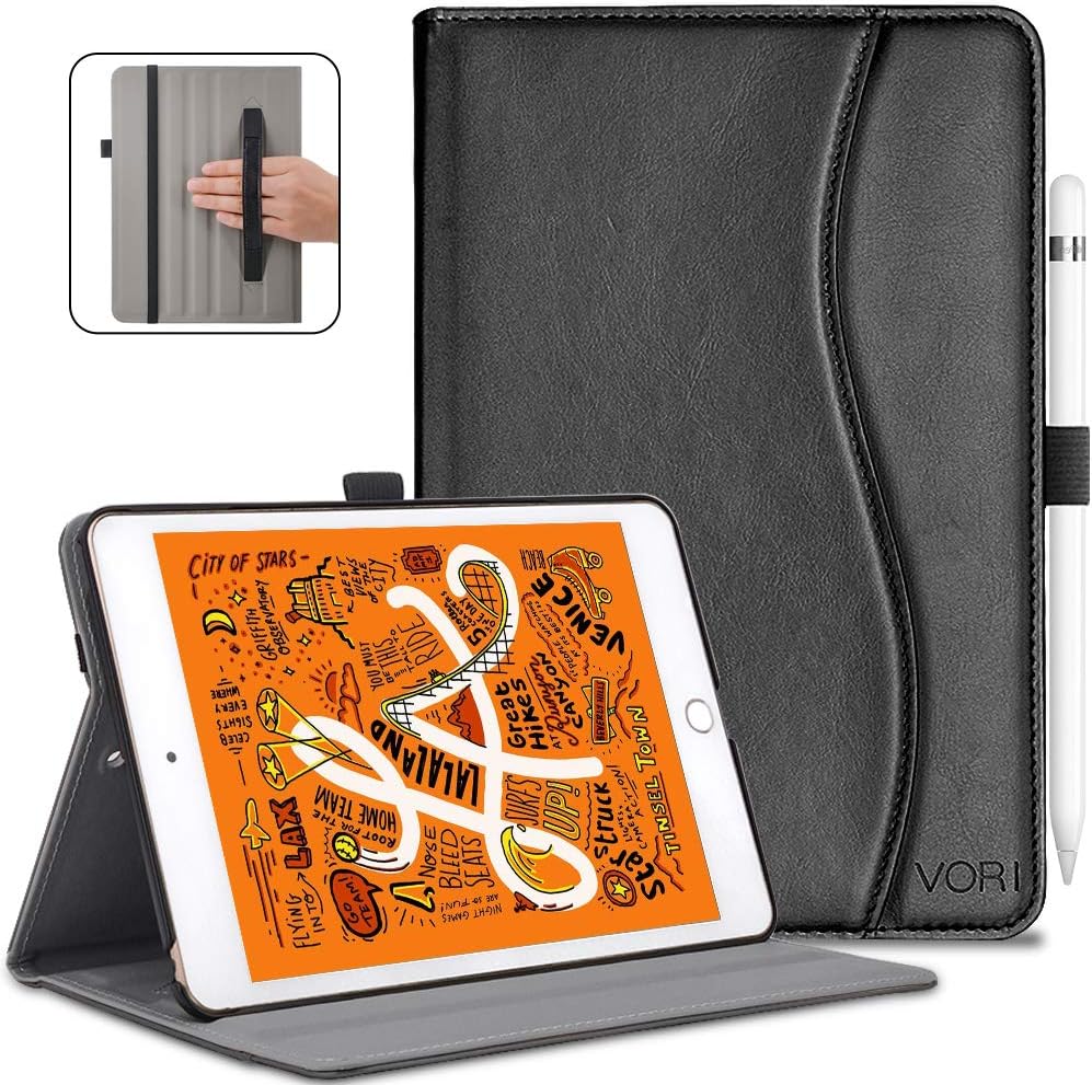 VORI Case for New iPad Mini 5/iPad Mini 4, Leather Folio Stand Smart Cover with Auto Wake/Sleep and Hand Strap for iPad Mini 5th Gen 2019 / iPad Mini 4th Gen 2015 7.9 inch, Black
