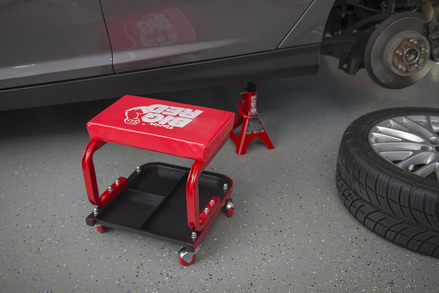 Torin TR6300 Red Rolling Creeper Garage/Shop Seat: Padded Mechanic Stool with Tool Tray: Automotive
