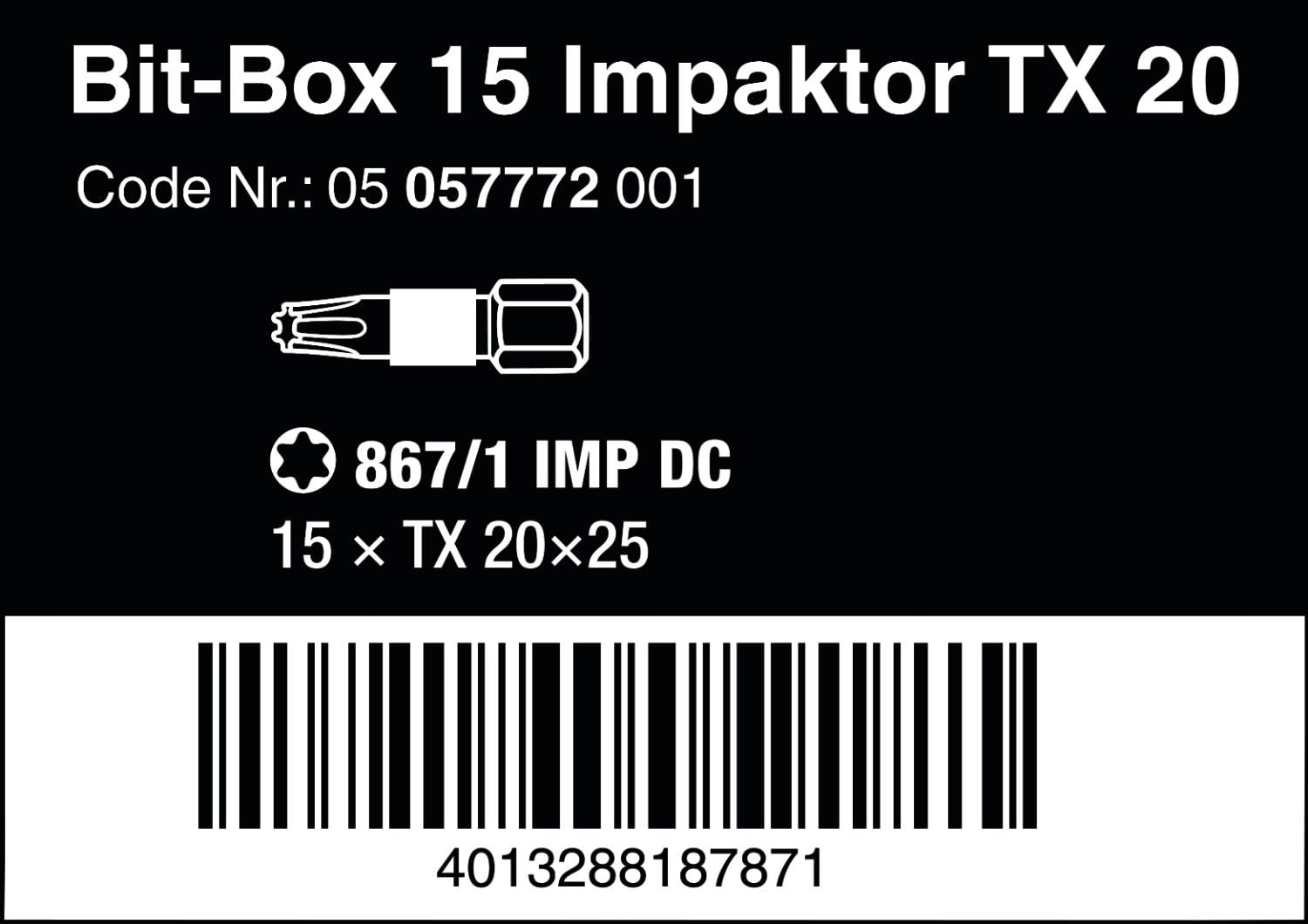 Wera 05057772001 Impaktor TX20 Tri Torsion Impact Anti Cam-Out Torx Bit-Box, 0 W, 0 V, Black, 20 x 25 mm, 15-Piece - Image 3