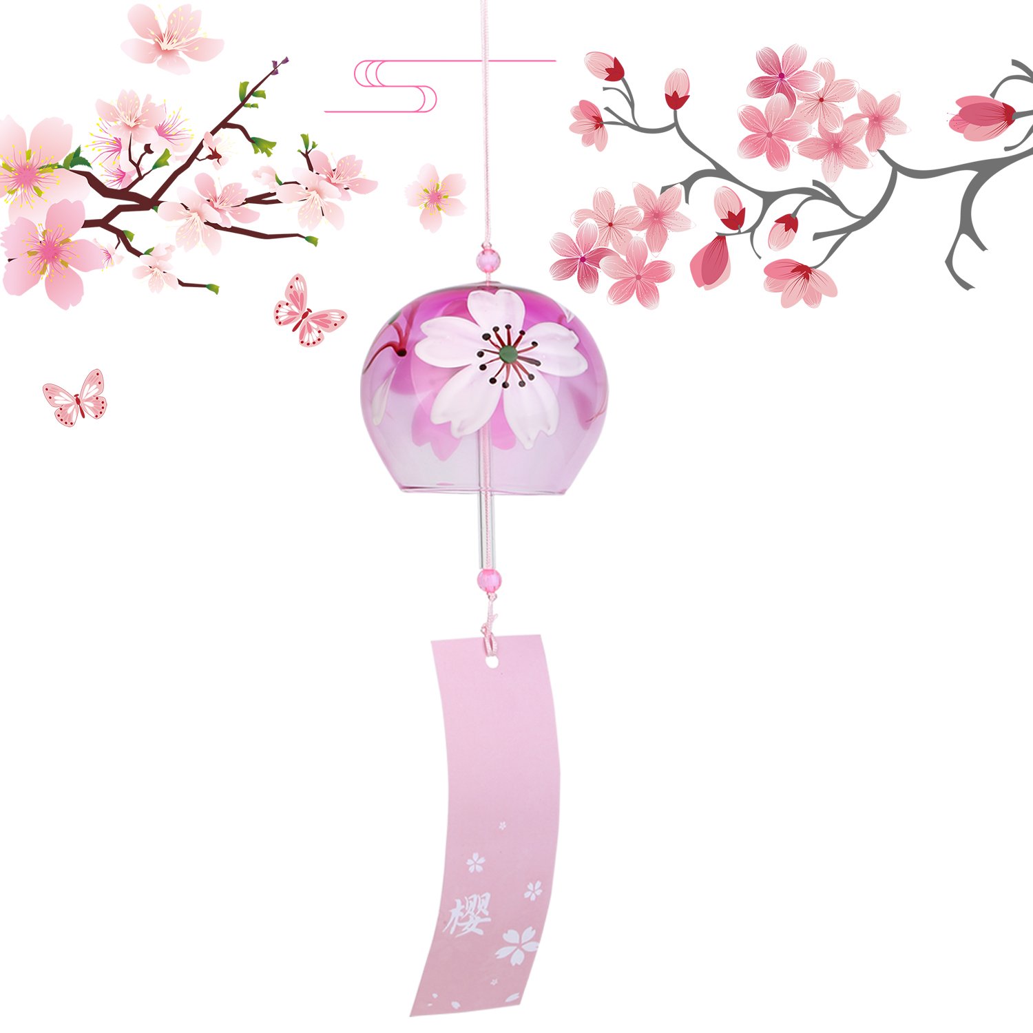 Japanese Traditional Glass Edo Furin Wind Chime Bell Pink Sakura Wind