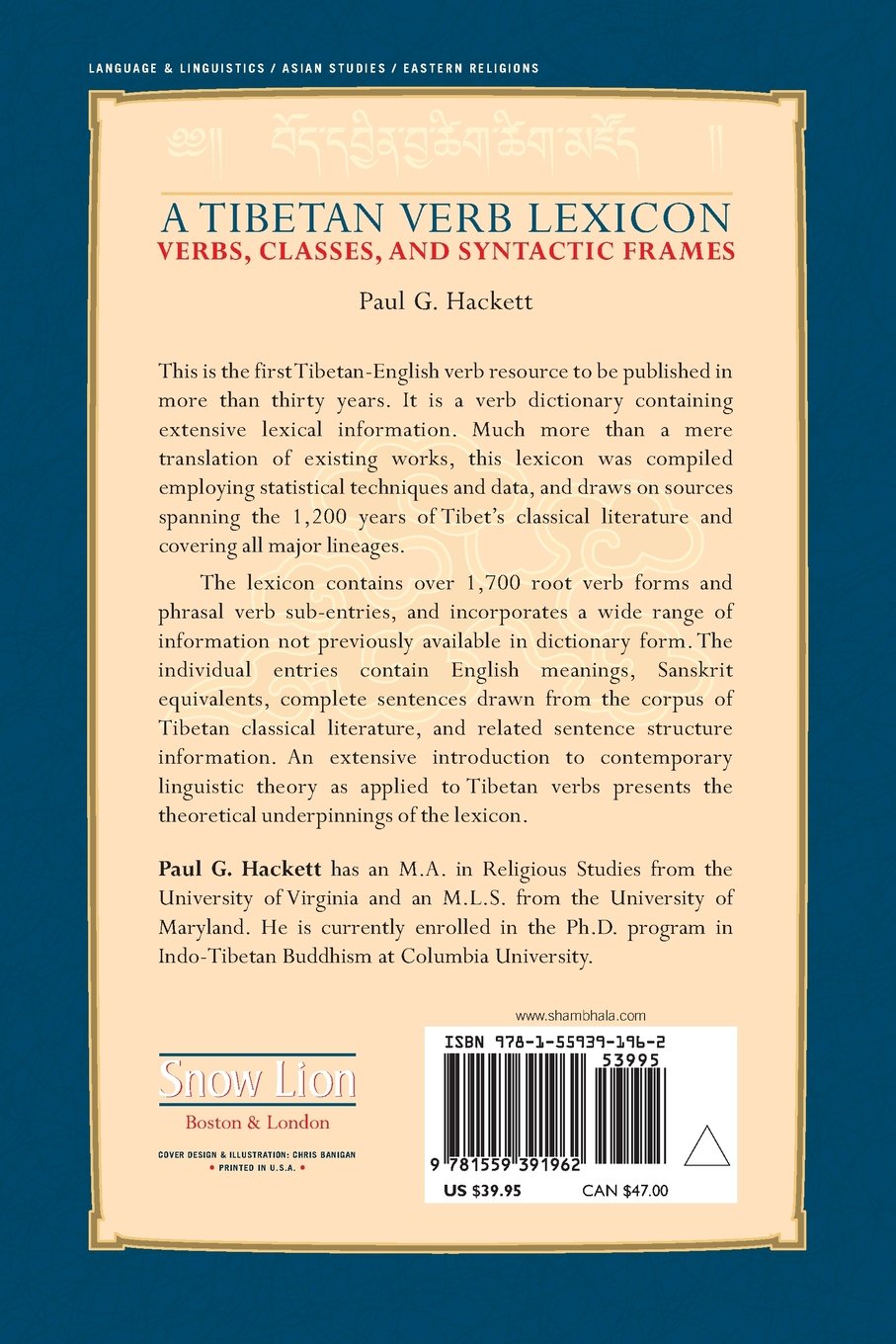 A Tibetan Verb Lexicon Verbs Classes And Syntactic Frames - 