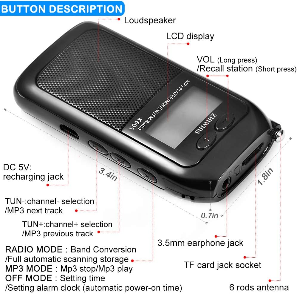 ZHIWHIS Portable Radio,FM AM SW Transistor Radio Stereo LCD Digital Display Pocket Walkmen Radio MP3 WAV Player Support TF Card Rechargeable with Shutdown Memory: Home Audio & Theater