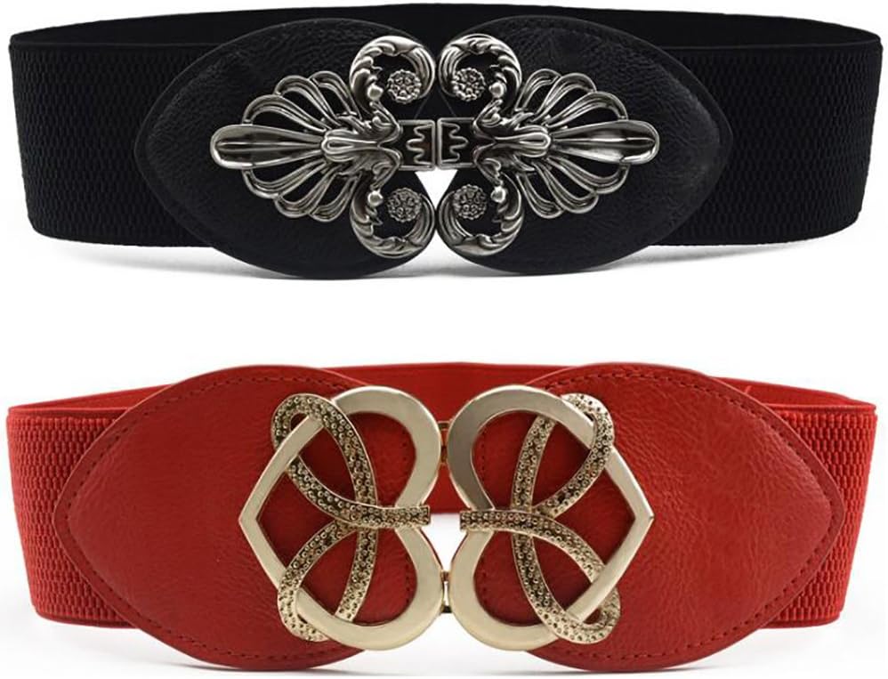 Women Girls Elastic Stretchy Retro Wide Waist Cinch Belt Pack of 2