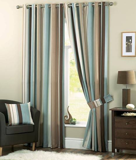 Whitworth Duck Egg Blue Stripe Readymade Lined Eyelet Curtains