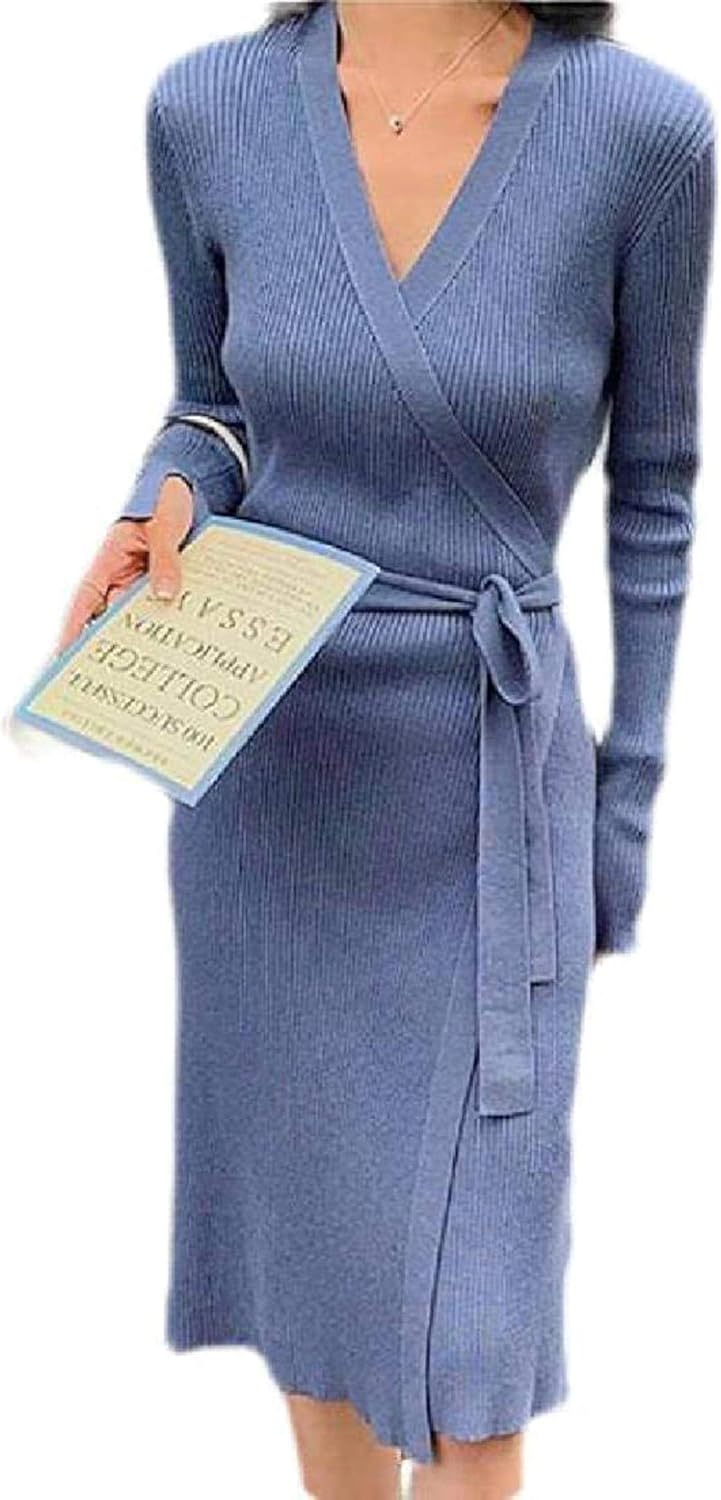 J.Apperal. Women's Fashion Long Sleeve Dresses Knitted Slim Fit V-Neck Wrap Sweater Dress 