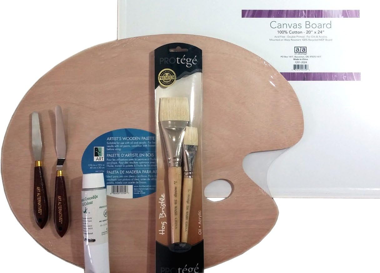 Oil Painting Super Sized Accessory Combo Painting Set With Wooden Palette, Palette Knives, Brushes, White Mixing Paint, and More