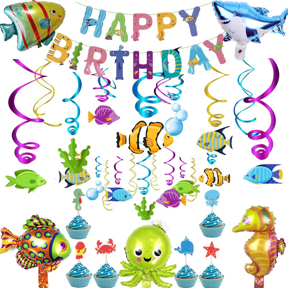 72pcs Tropical Fish Party Decorations Under The Sea Party Supplies Fishes Hanging Swirl Happy Birthday Banner Ocean Animals Balloons Cupcake Toppers Ocean Theme Birthday Decor For Kids Boys Buy Online In India