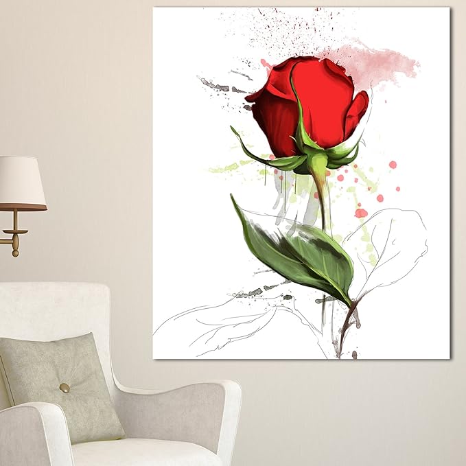 Designart Red Rose Handdrawn IllustrationModern Floral Glossy Metal