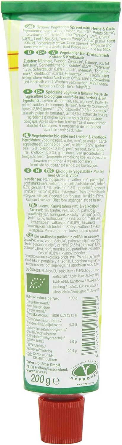 Tartex Vegetable Pate Organic Herb & Garlic Pate Tubes 200g (Pack of 4), 200 g (Pack of 4) - Image 3