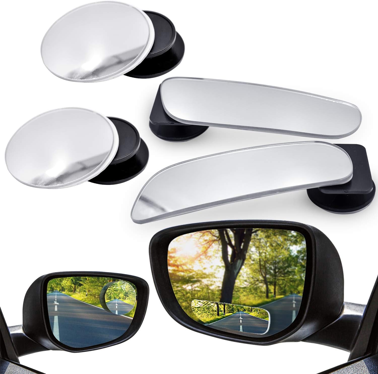 WEKON Blind Spot Mirrors for Cars, 4 Pcs Frameless 360° Rotatable Mirror, Waterproof HD Glass for Universal Cars (2 Round-/ 2 Bar-Type)