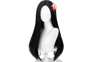 HALF AND HALF Long Straight Black Kids Wig with Flower Hair Clip, Wigs for Girls Toddler Cosplay 23.6'' Synthetic Hair + Wig Cap for Halloween Party Daily Costumes