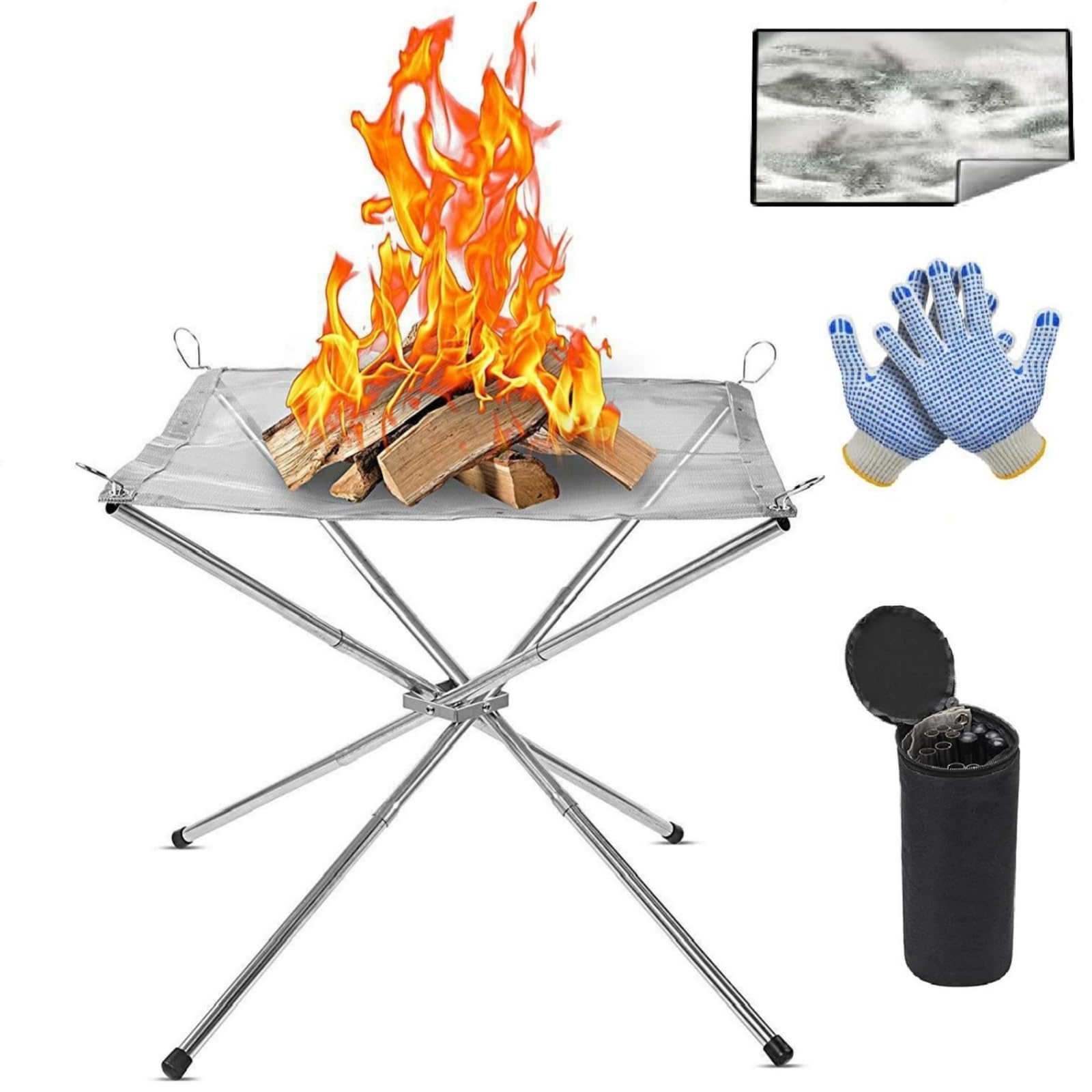 Flintronic Portable Folding Fireplace with Fire Pit Mat & Carry Bag & Gloves, Stainless Steel Mesh Camping Fire Pit for Picnics, Bonfire, Patio, Backyard and Garden