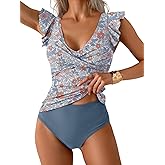 Aidonger Tankini Swimsuit for Women Tummy Control Two Piece Bathing Suit Ruched Ruffle Swimwear Top with Bottom