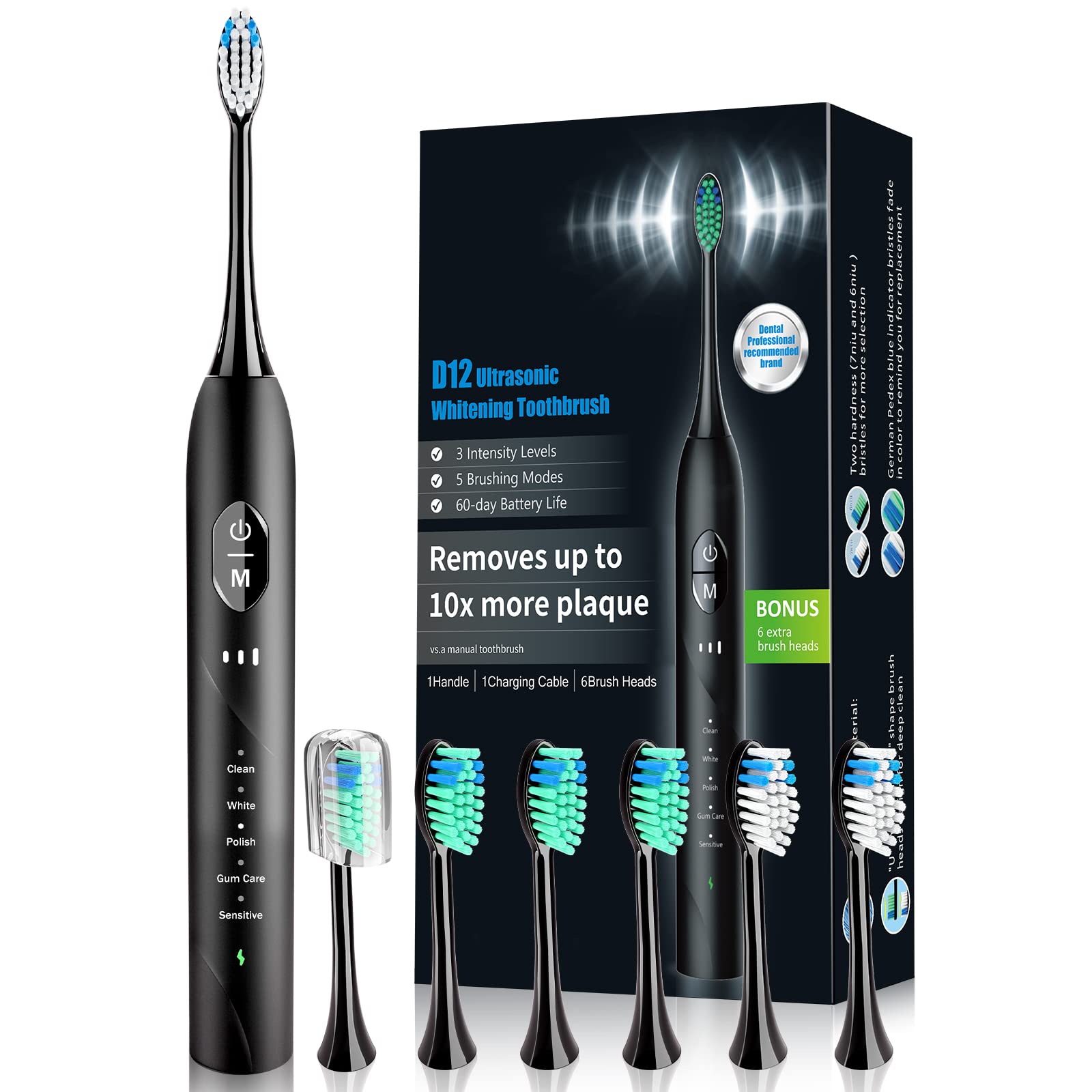 PERBOL Sonic Electric Toothbrush for Adults, Rechargeable with 6 Replacement Brush Heads, 5 Modes and 3 Intensity Levels 2 Minutes Smart Timer Reminder Travel, Gift (Antique Black), 9, 95.0 grams