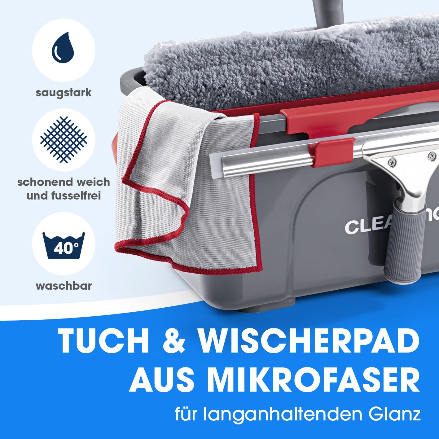 CLEANmaxx Fensterreiniger Set | 7-TLG. Fensterputzer Set für Oberflächen in Haus & Auto - inklusive Fensterabzieher, Fensterwischer, Reiniger, Wischtuch, Eimer und Halterungen für Wischer & Abzieher 7