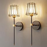 Crystal Battery Operated Wall Sconces Set of 2, Black and Gold Rechargeable Wireless Wall Lights with Crystal Lampshade, 12 R