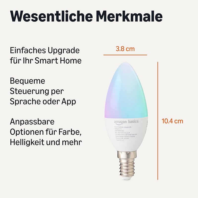Intelligente E14-Leuchtmittel, 2,4-GHz-WLAN: kein Hub erforderlich, funktioniert nur mit Alexa, Farbwechsel, 2 Stück — Foto 2 von 8