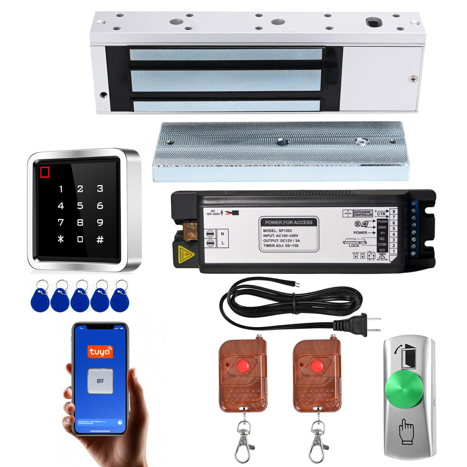 Photo 1 of Access Control System Kit with IP68 Waterproof Metal Touch Keypad, 1200LB Magnetic Lock, Zinc Alloy Exit Button, 2 Remote Controls and Tuya App Remote Access