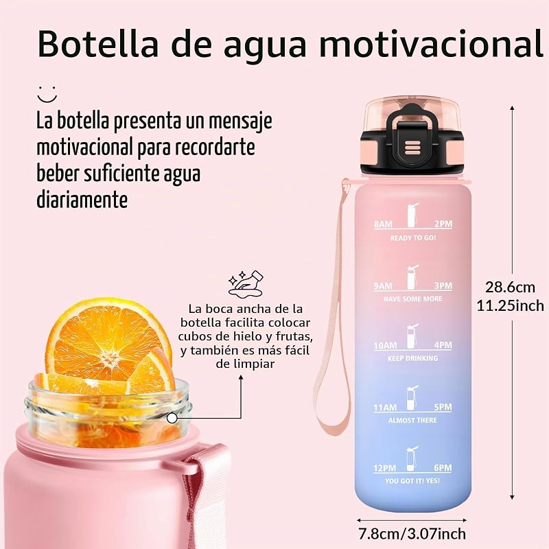 Botella Agua, 1L, Marcador de Tiempo, Portátil, Cantimplora, Libre de BPA, Botella Agua Gimnasio, A Prueba de Fugas, Water Bottle para Gimnasio, Ciclismo, Oficina y Exteriores