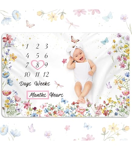 Baby Monthly Milestone Blanket - 40x60 Inch, Boho Floral Design, Personalized Growth Chart With Props