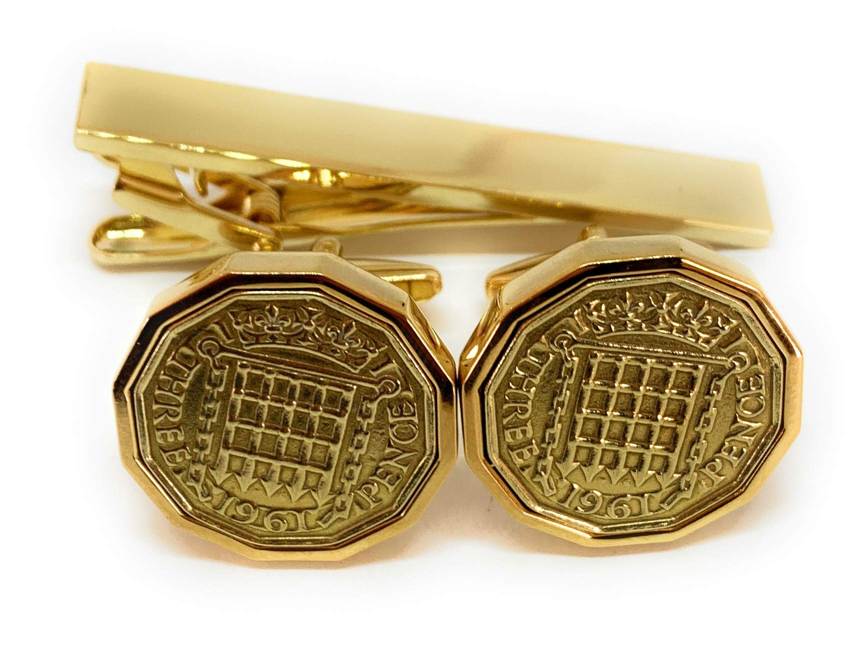 Premium 1961 Golden Wedding Anniversary Threepence cufflinks for a 65th Birthday cufflinks and Gold Plated Tie Clip Set